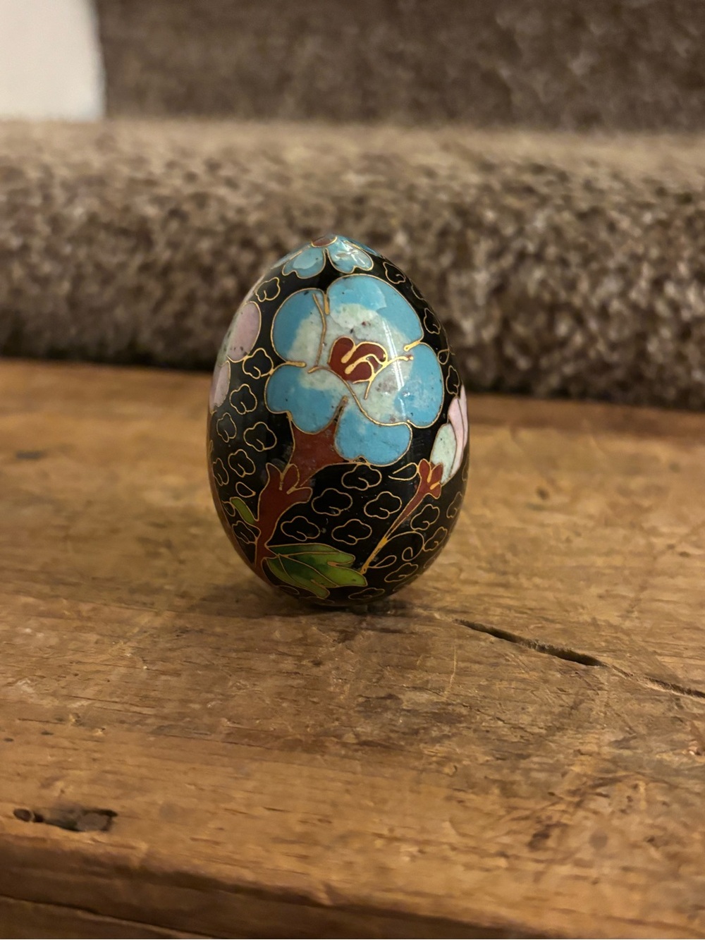 Decorative Cloisonné Floral Egg - Black with Blue & Pink Accents